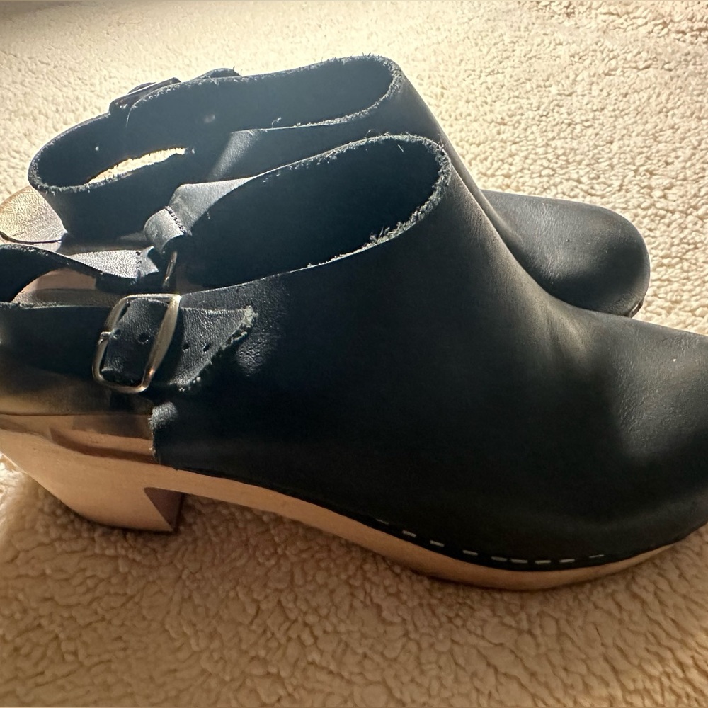 Black Leather Sling-back, Wooden Heeled Clogs